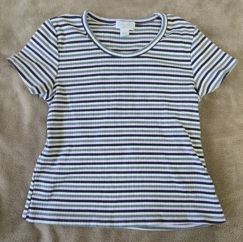 Full Tilt Striped Short Sleeve Tee in White, Black & Green. Size XL